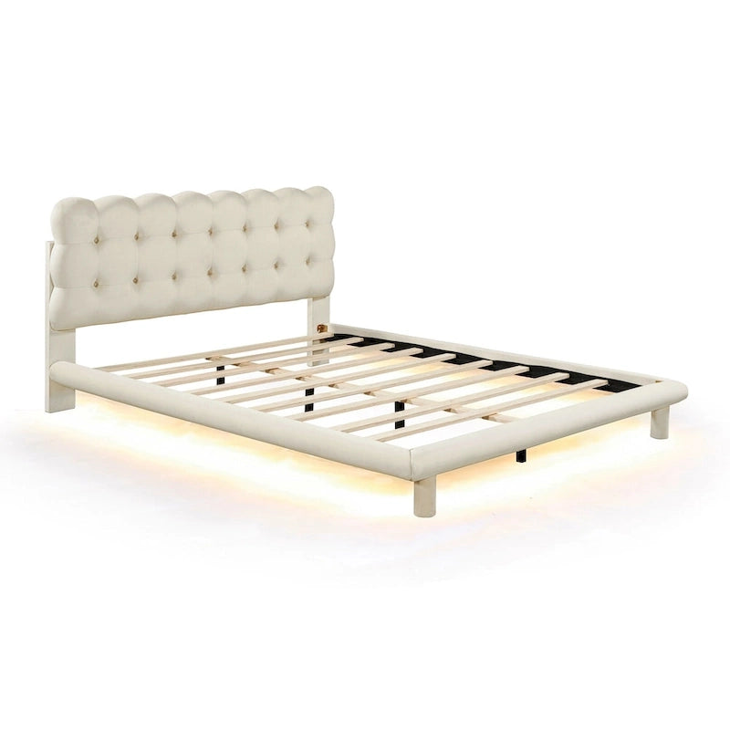 Queen Size Velvet Upholstered Platform Bed Frame with LED Light & Biscuit Headboard