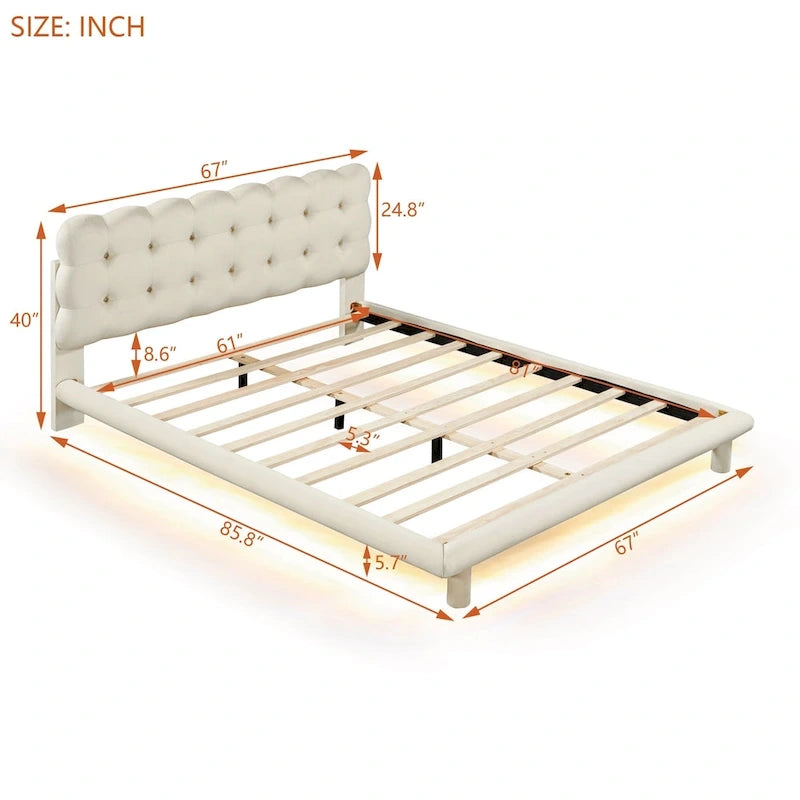 Queen Size Velvet Upholstered Platform Bed Frame with LED Light & Biscuit Headboard