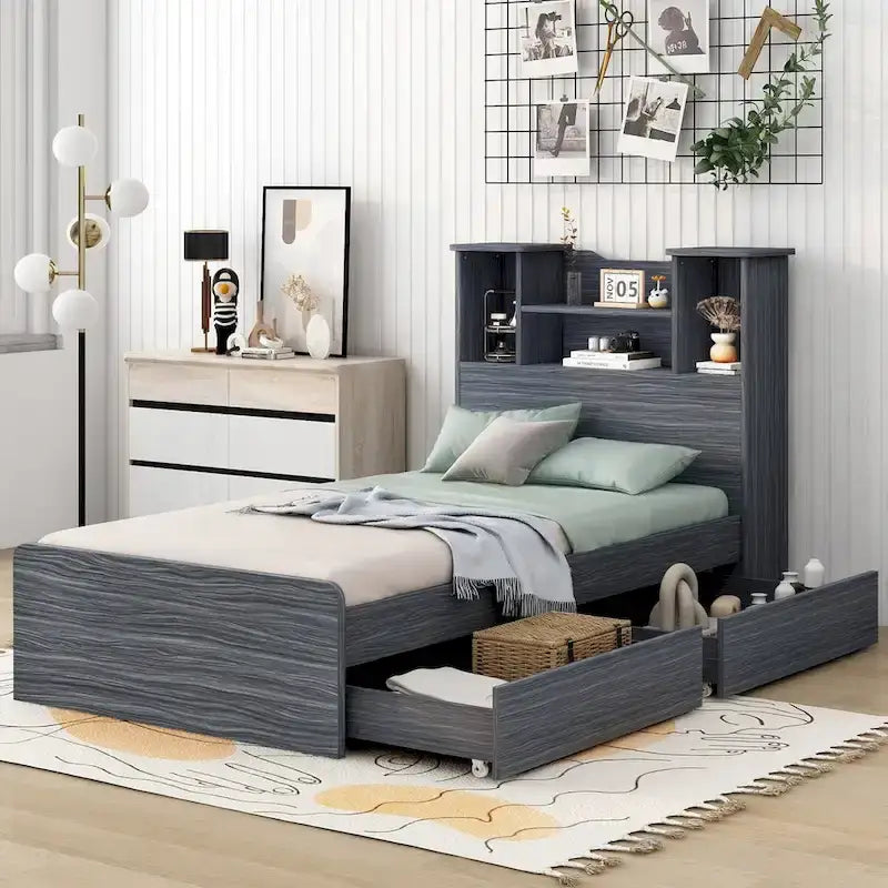 Twin Size Storage Platform Bed Frame with Shelves and Drawers
