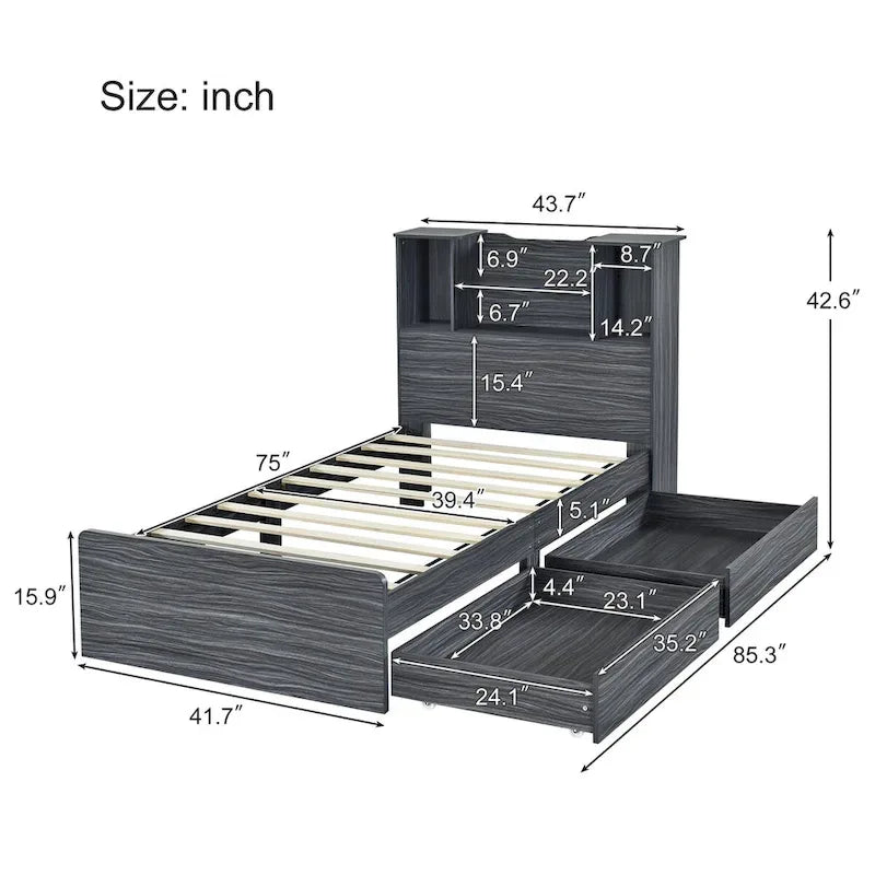 Twin Size Storage Platform Bed Frame with Shelves and Drawers