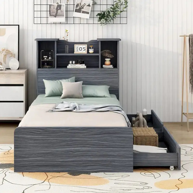 Twin Size Storage Platform Bed Frame with Shelves and Drawers