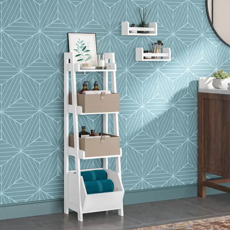  Amery 4-Tier 13in Ladder Shelf with Display Shelf and Storage Organizer Bin - White